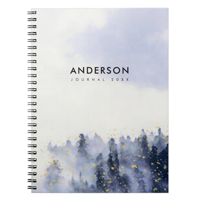 BLUE WATERCOLOR LANDSCAPE TRÄD FOLIAGE MONOGRAM ANTECKNINGSBOK (Framsidan)