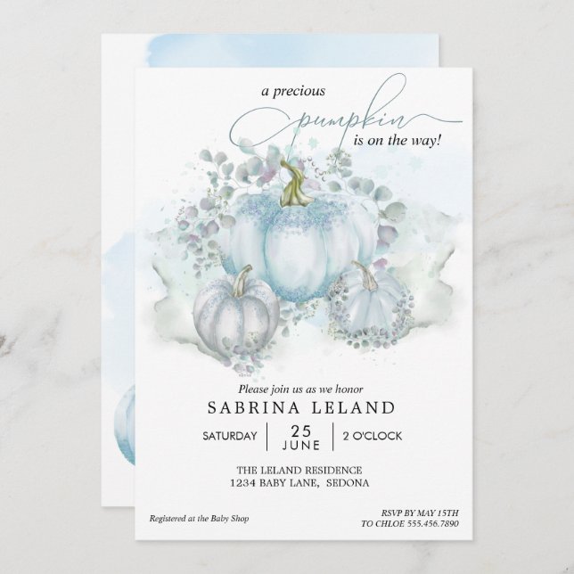 Blue Watercolor Little Pumpkin Boy Shower Inbjudningar (Fram/baksida)