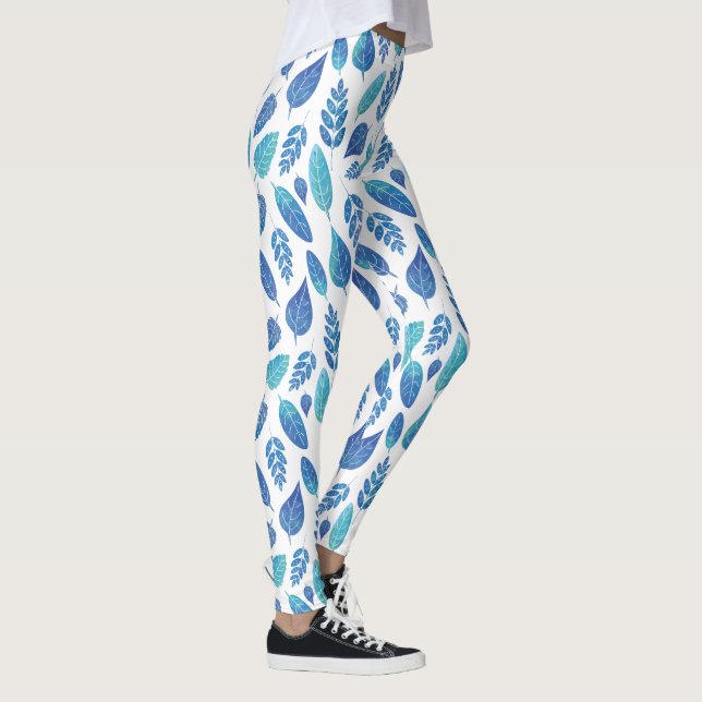 Blue Watercolor Löv Mönster Leggings (Höger)