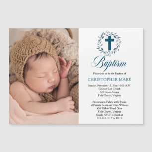 Blue Watercolor Löv WAN Boy Photo Baptism Morsa Magnetisk Inbjudningskort