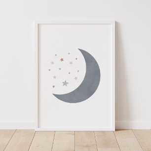 Blue Watercolor Måne Boho Nursery Decor Poster