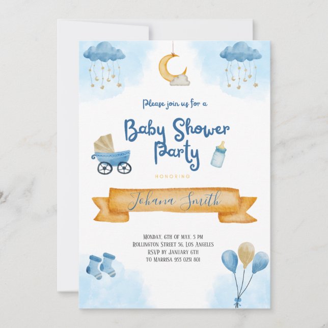Blue Watercolor Måne och stars Baby Shower Inbjudningar (Framsida)
