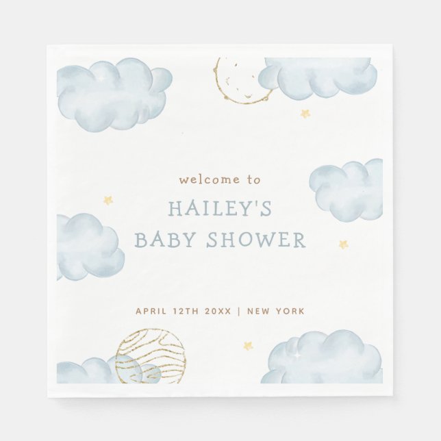 Blue Watercolor Måne Star Cloud Boy Shower Pappersservett (Framsidan)