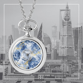 Blue Watercolor Marble Pendant Necklace Watch Armbandsur