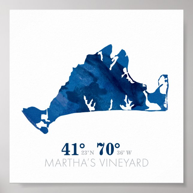Blue Watercolor Martha's Vineyard Coordinates Poster (Framsidan)