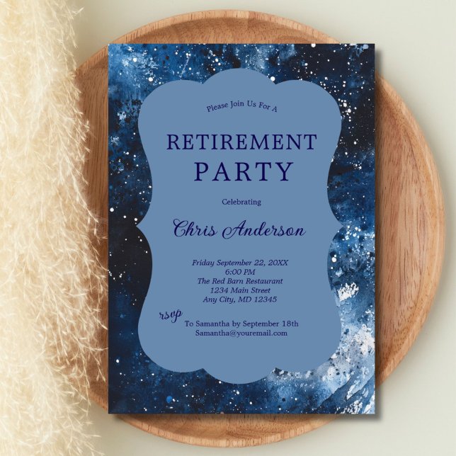 Blue Watercolor Modern Business Pension Party Inbjudningar (Blue watercolor texture modern retirement party invitation for him or her. Printed or Digital )