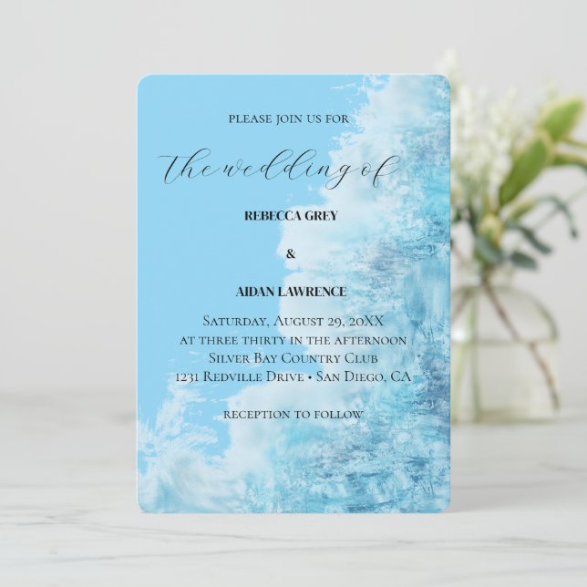 Blue Watercolor Modern Wedding Invitation Julkort (Stående Fram)