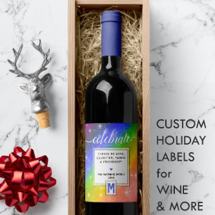 Blue Watercolor Monogram CELEBRATE Kärlek Rainbow Vinflaska Etikett