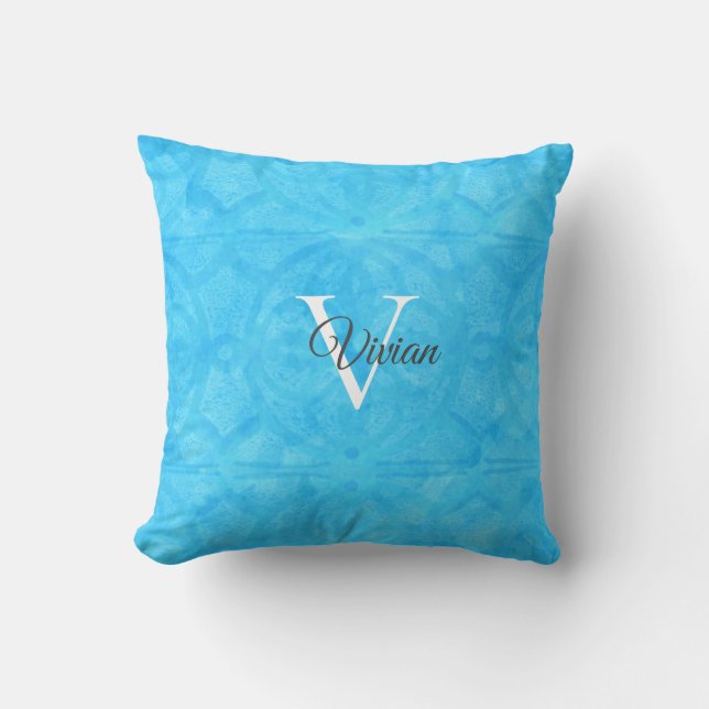 Blue Watercolor Monogram Namn Dekorativ kudde (Framsida)