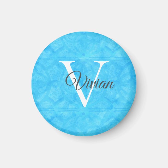 Blue Watercolor Monogram Namn Magnet (Framsidan)