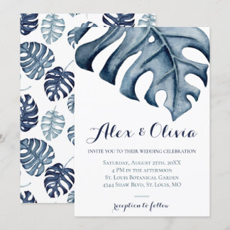 Blue Watercolor Monstera Löv Bröllop Inbjudningar