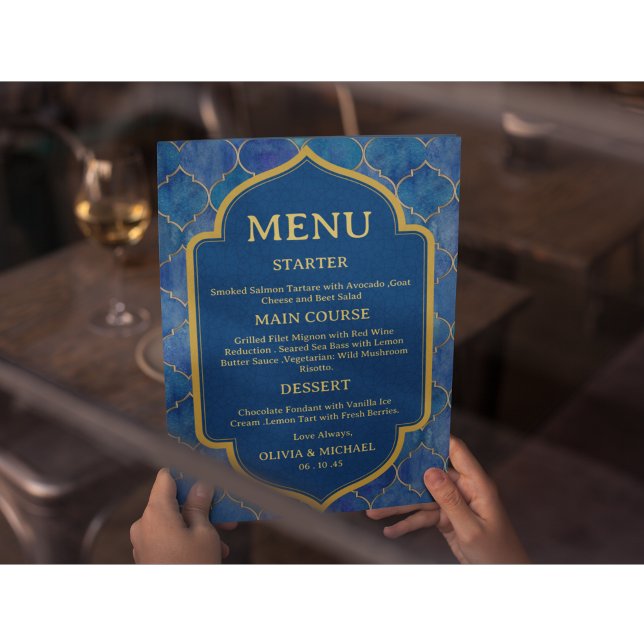 Blue Watercolor Moroccan Wedding Menu Meny (Skapare uppladdad)
