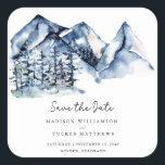 Blue Watercolor Mountain Rustic Boho Spara datumet Fyrkantigt Klistermärke<br><div class="desc">Blå vattenfärgsberg Rustic Boho Spara datumkvadratmärket med ett vackert vattenfärgsbergslandskap med högt,  vintergrönt gräs träd,  handskript och modern typografi för ett rent,  minimalistiskt intryck.</div>