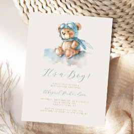 Blue Watercolor Nalle Boy Baby Shower Vykort
