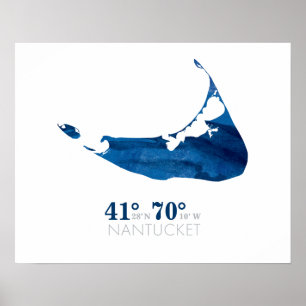 Blue Watercolor Nantucket Karta med koordinater Poster