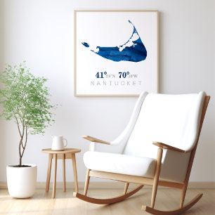 Blue Watercolor Nantucket Karta med koordinater Poster