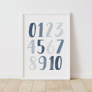 Blue Watercolor Numbers Education Nursery Decor Poster