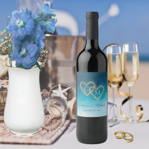 Blue Watercolor Ombre Monogrammed Vinflaska Etikett