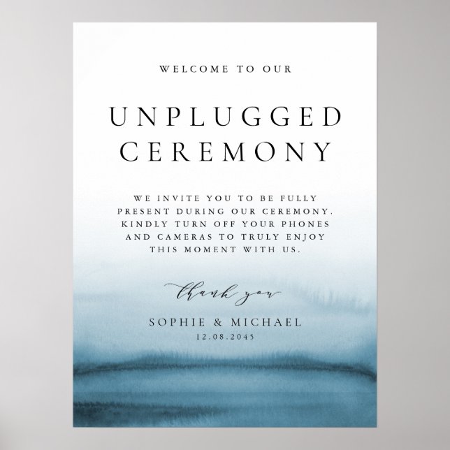 Blue Watercolor Ombre Unplugged Bröllop Ceremony Poster (Framsidan)