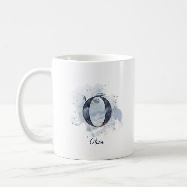 Blue Watercolor Personlig Namn Brev Initial O Kaffemugg (Vänster)