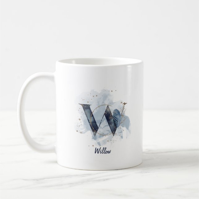 Blue Watercolor Personlig Namn Brev Initial W Kaffemugg (Vänster)
