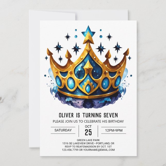 Blue Watercolor Prince Krona Birthday Inbjudningar (Framsida)