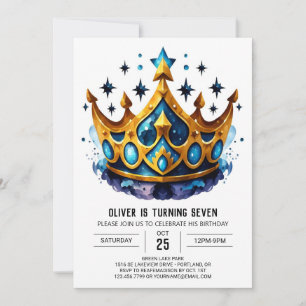 Blue Watercolor Prince Krona Birthday Inbjudningar