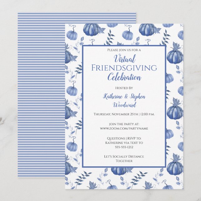 Blue Watercolor Pumpkin Virtuell Friendsgiving Inbjudningar (Fram/baksida)