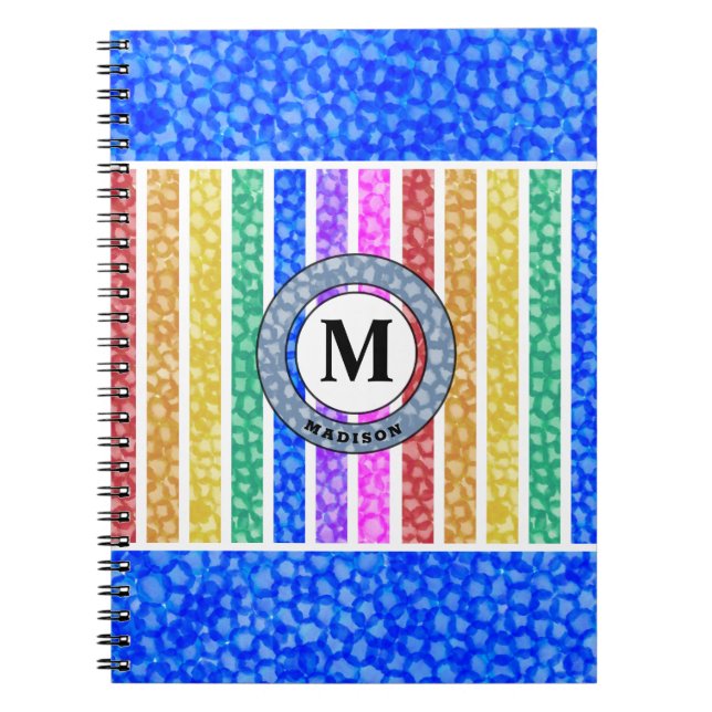 Blue Watercolor Rainbow Mosaic Rand Monogram Anteckningsbok (Framsidan)