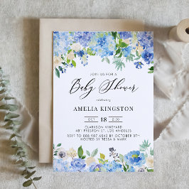 Blue Watercolor Ro och Hydrangea Baby Shower Inbjudningar