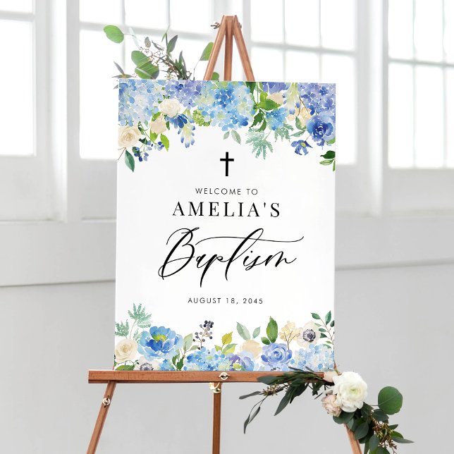 Blue Watercolor Ro och Hydrangea Baptism Poster (Skapare uppladdad)