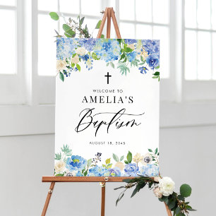Blue Watercolor Ro och Hydrangea Baptism Poster