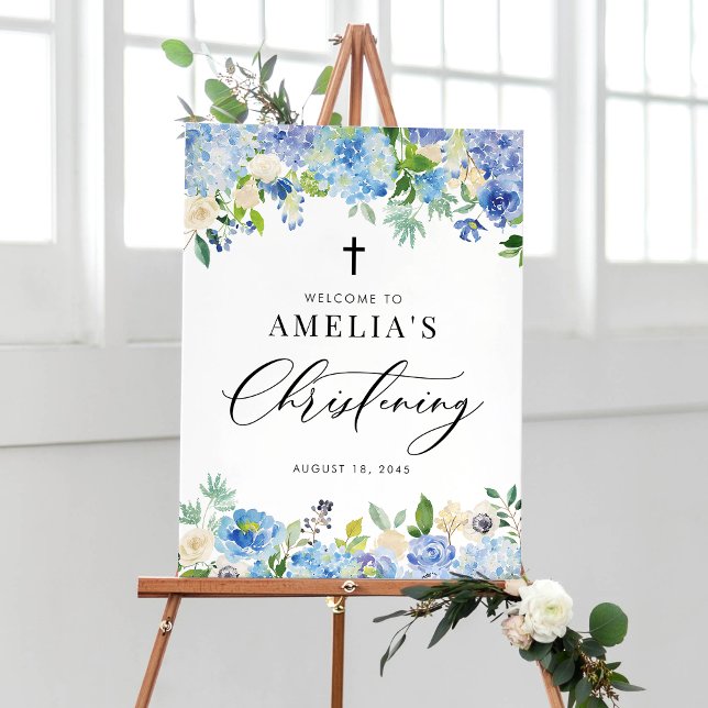 Blue Watercolor Ro och Hydrangea Christening Poster (Skapare uppladdad)