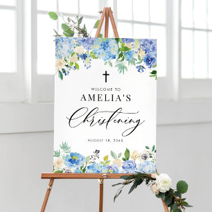 Blue Watercolor Ro och Hydrangea Christening Poster