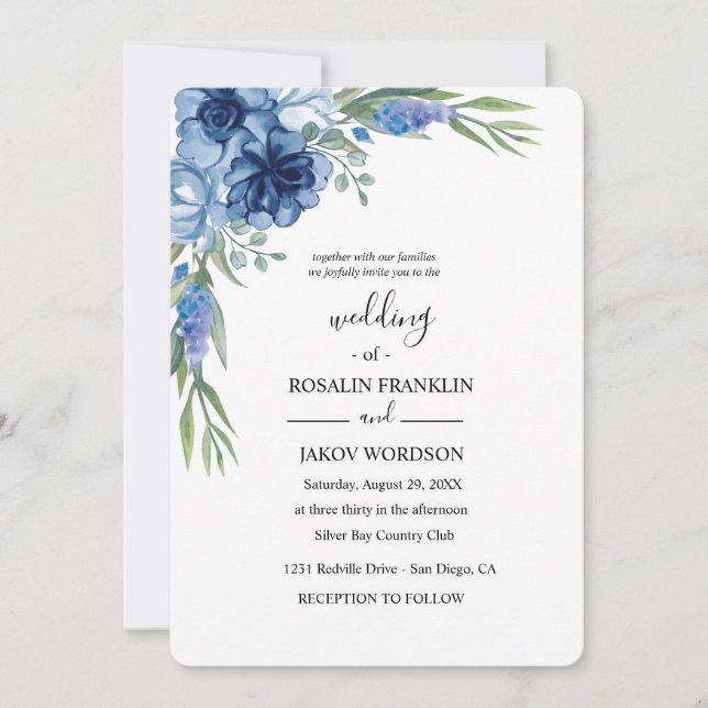 blue watercolor rustic wedding inbjudningar (Framsida)