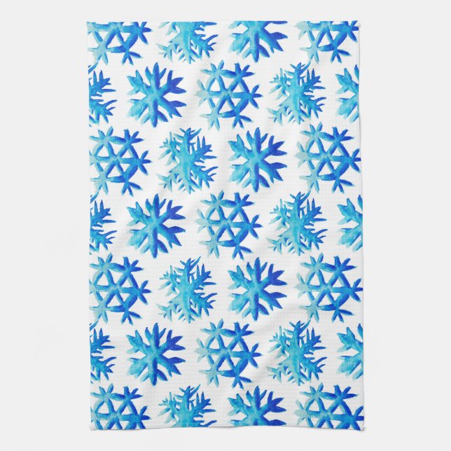Blue Watercolor Snowflake Mönster Kökshandduk (Vertikal)