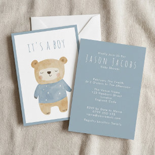 Blue Watercolor söt sömnig nalle Baby Shower Inbjudningar