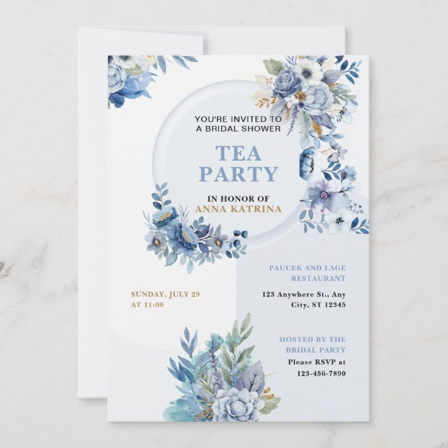 Blue Watercolor Tea Party Inbjudningskort för möhi (Framsida)