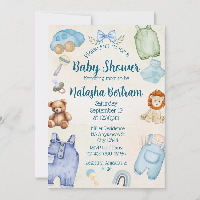 Blue Watercolor Toys & Clothes Baby Shower Inbjudningar (Framsida)