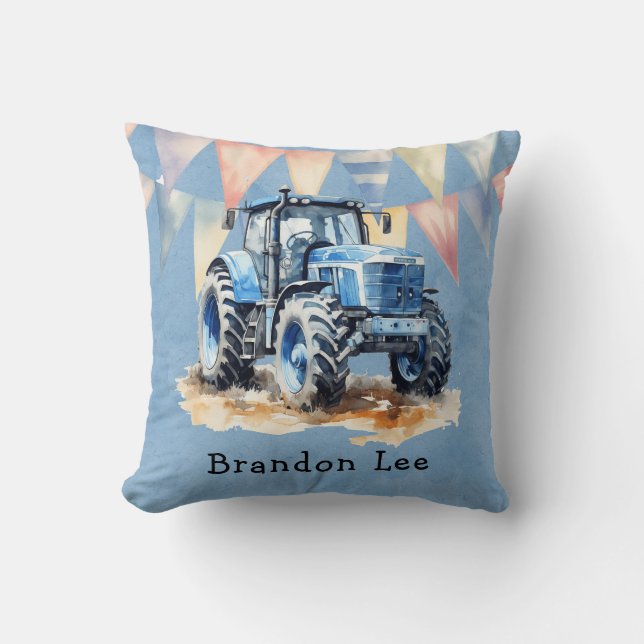 Blue Watercolor Tractor Boy Baby Shower Gift Kudde (Framsida)