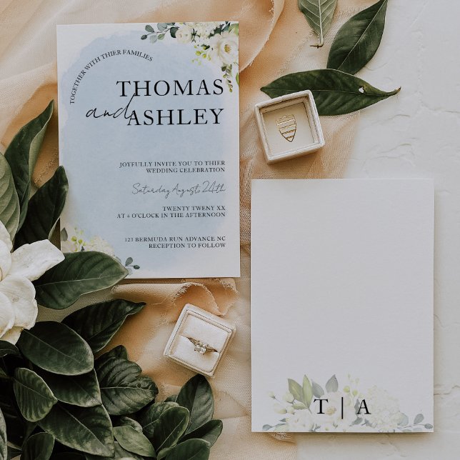 Blue Watercolor Vit ros Elegant bröllop Inbjudningar (Skapare uppladdad)