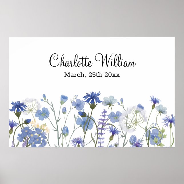 Blue Watercolor WildblomGarden Baby Nursery Poster (Framsidan)