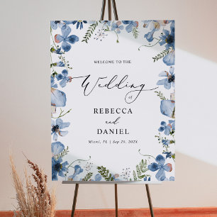 Blue Watercolor Wildblommor Boho Bröllop Poster