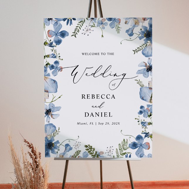 Blue Watercolor Wildblommor Boho Bröllop Poster (Skapare uppladdad)