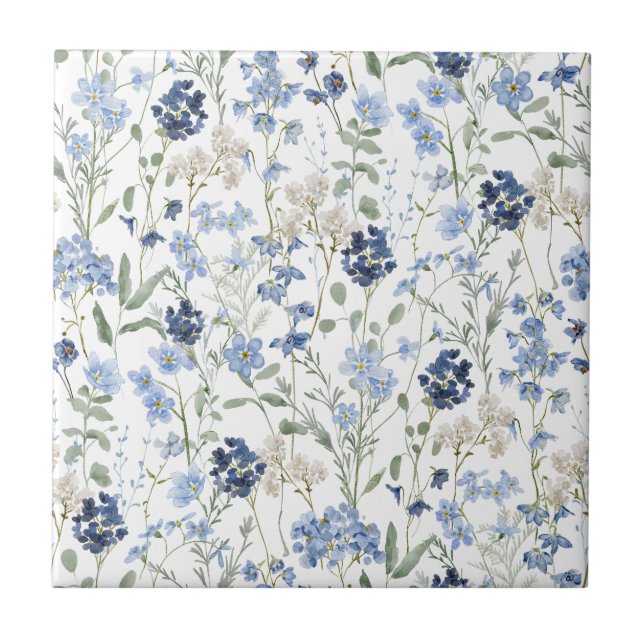 Blue Watercolor Wildflower Kakelplatta (Framsidan)