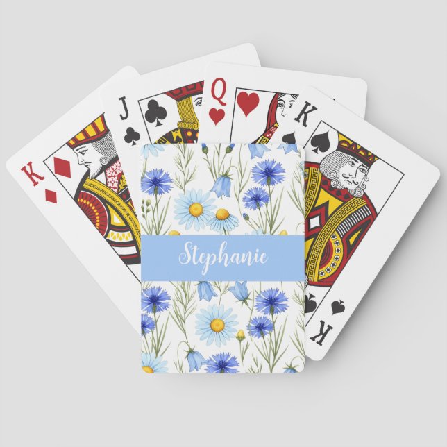 Blue Watercolor Wildflower Monogram Name Casinokort (Baksidan)