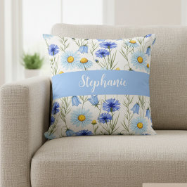 Blue Watercolor Wildflower Monogram Name Kudde