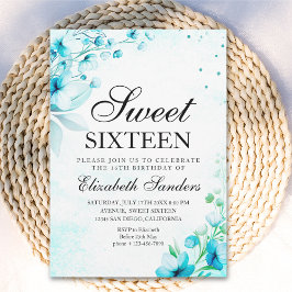  Blue Watercolor Wildflowers Modern Sweet Sixteen Inbjudningar