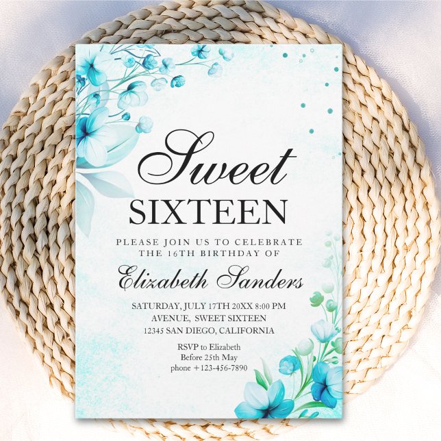  Blue Watercolor Wildflowers Modern Sweet Sixteen Inbjudningar (Skapare uppladdad)
