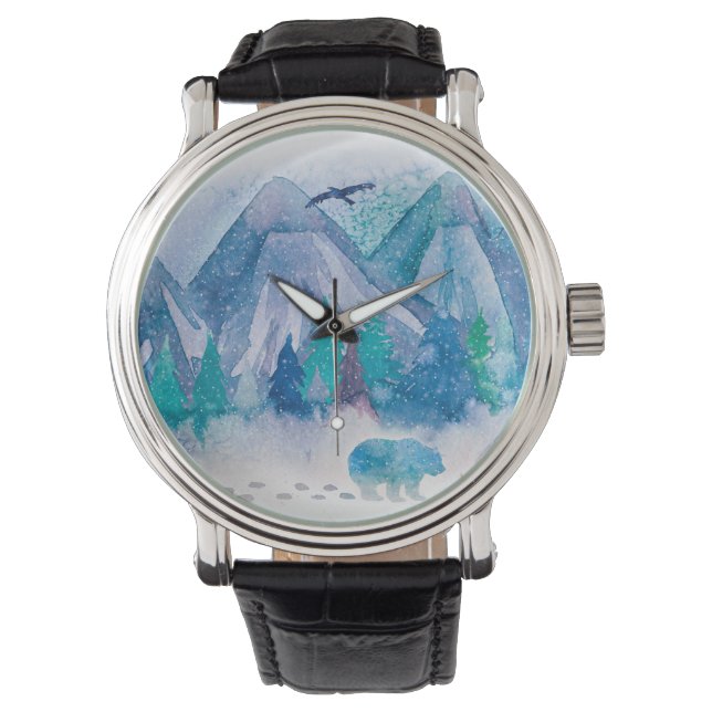 Blue Watercolor Winter Mountain Landscape Art Armbandsur (Framsida)